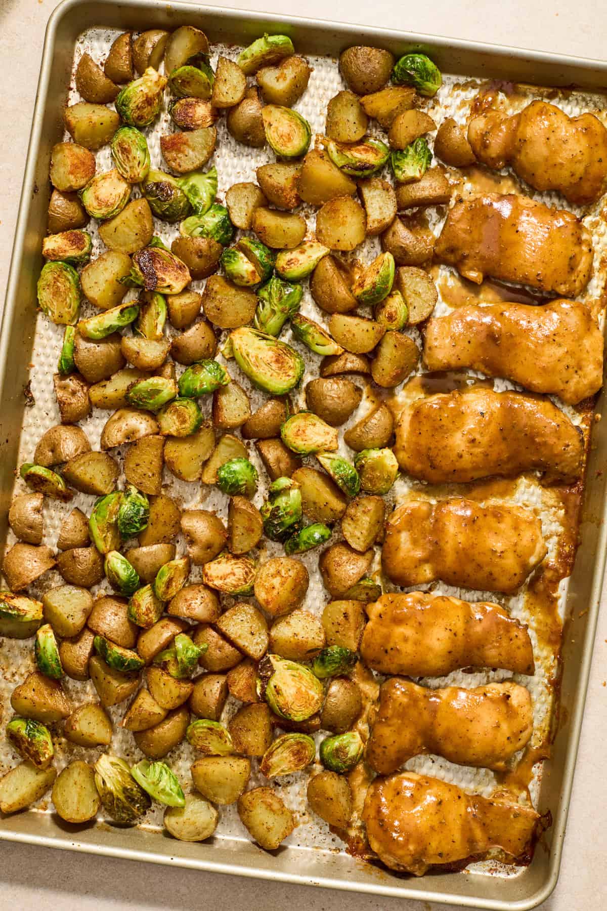 Honey mustard sheet pan chicken and vegetables.