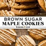 Stack of maple brown sugar cookies with bite taken out of top cookie and then cookies on wire rack.
