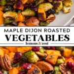Roasted sweet potatoes and brussels sprouts with pecans on white dish.