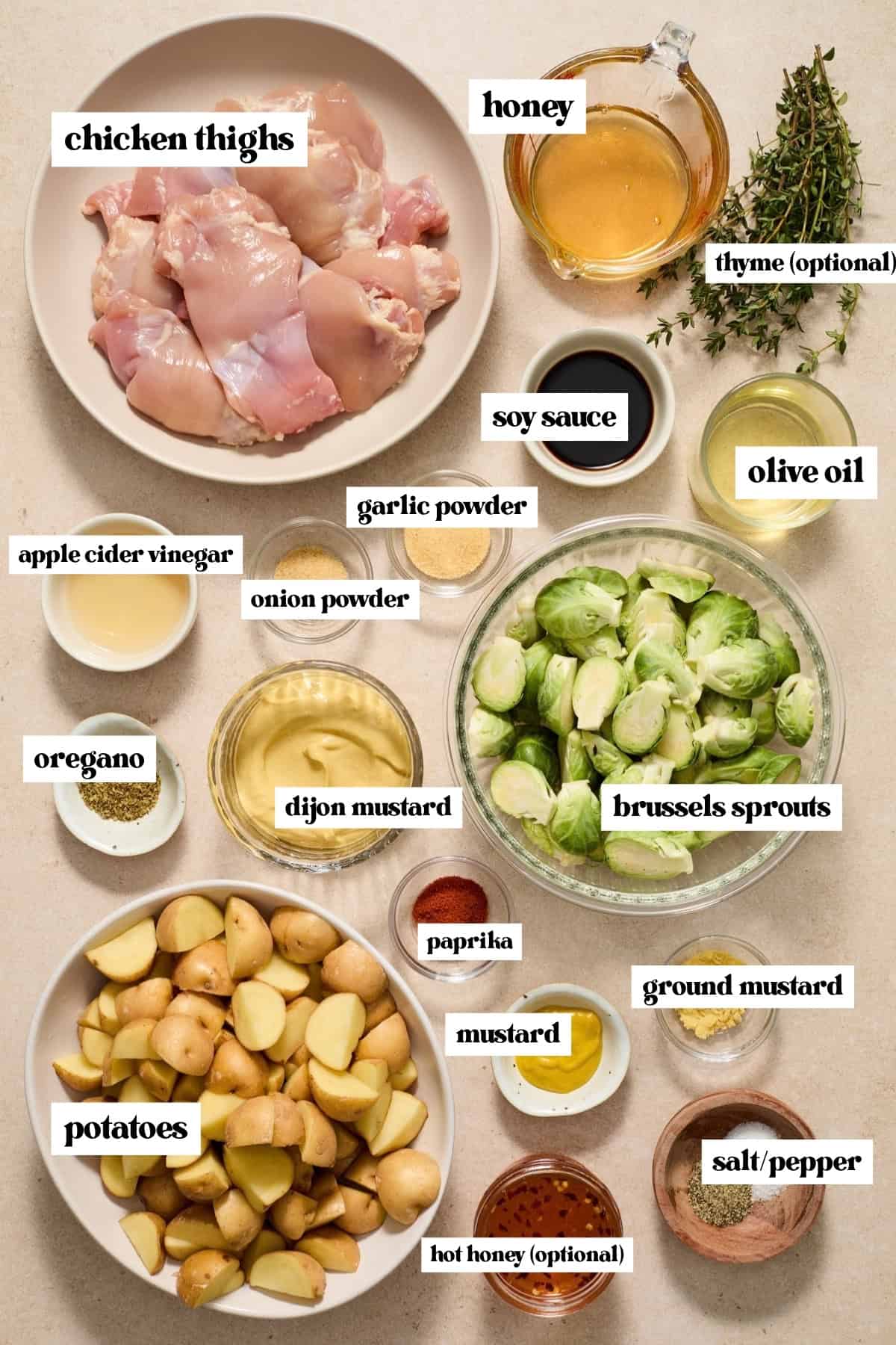 Chicken thighs, honey, spices, brussels sprouts and other ingredients labeled.