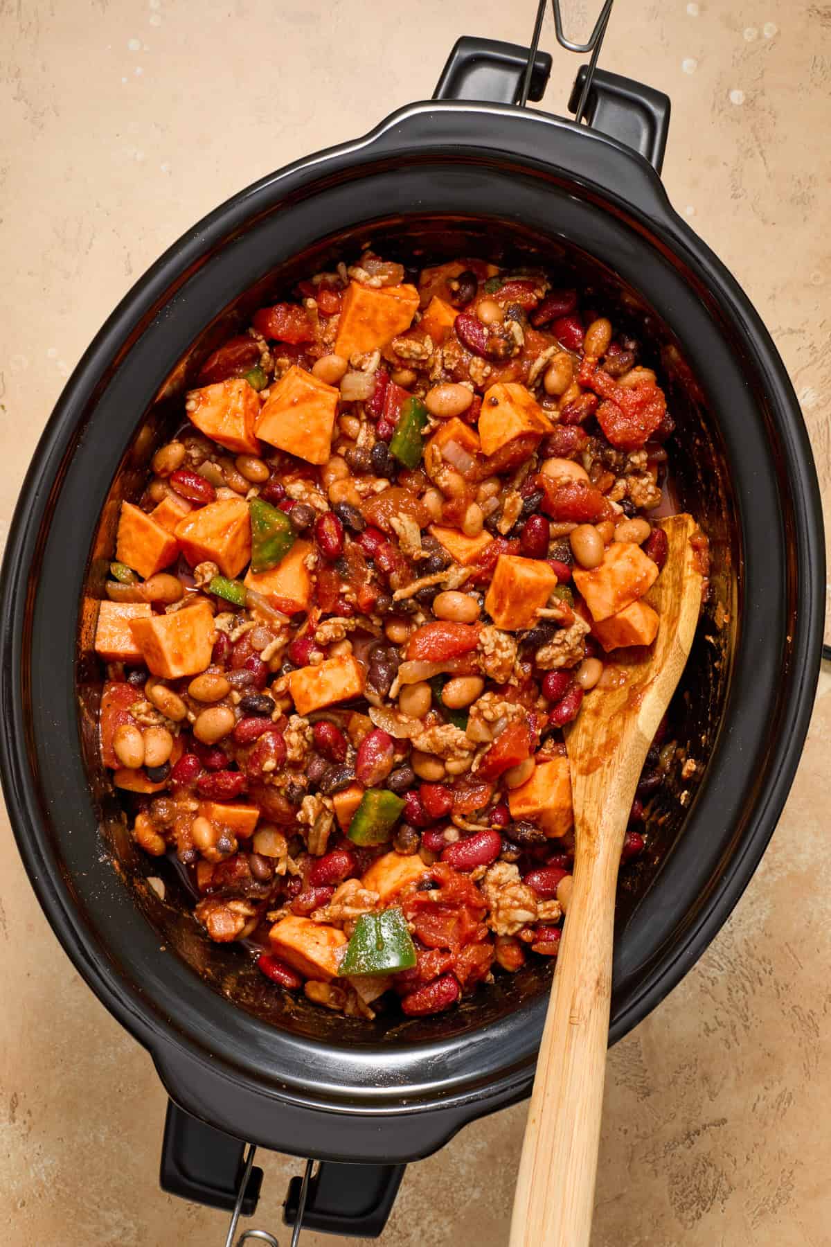 Crockpot sweet potato turkey chili before cooking.