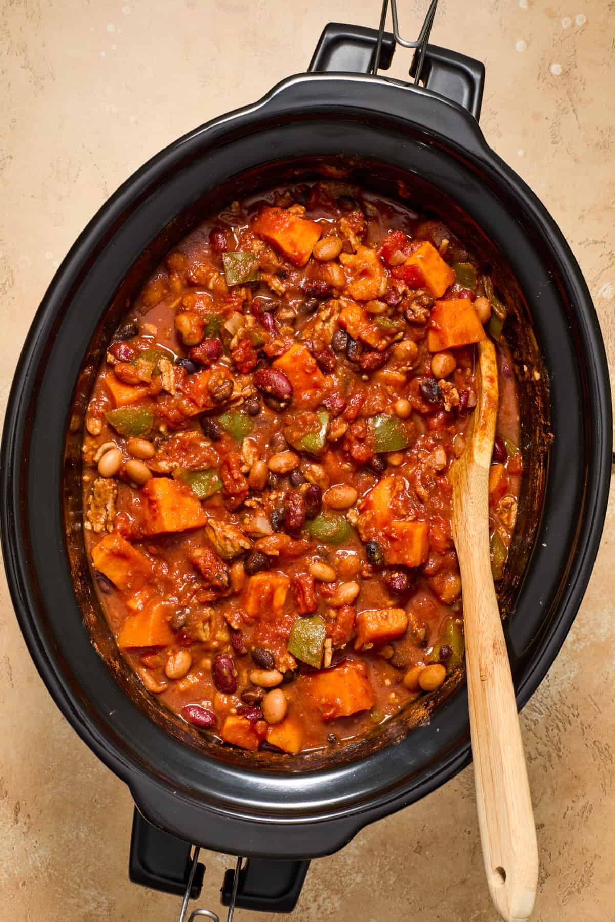 Slow cooker sweet potato and ground turkey chili in crockpot.