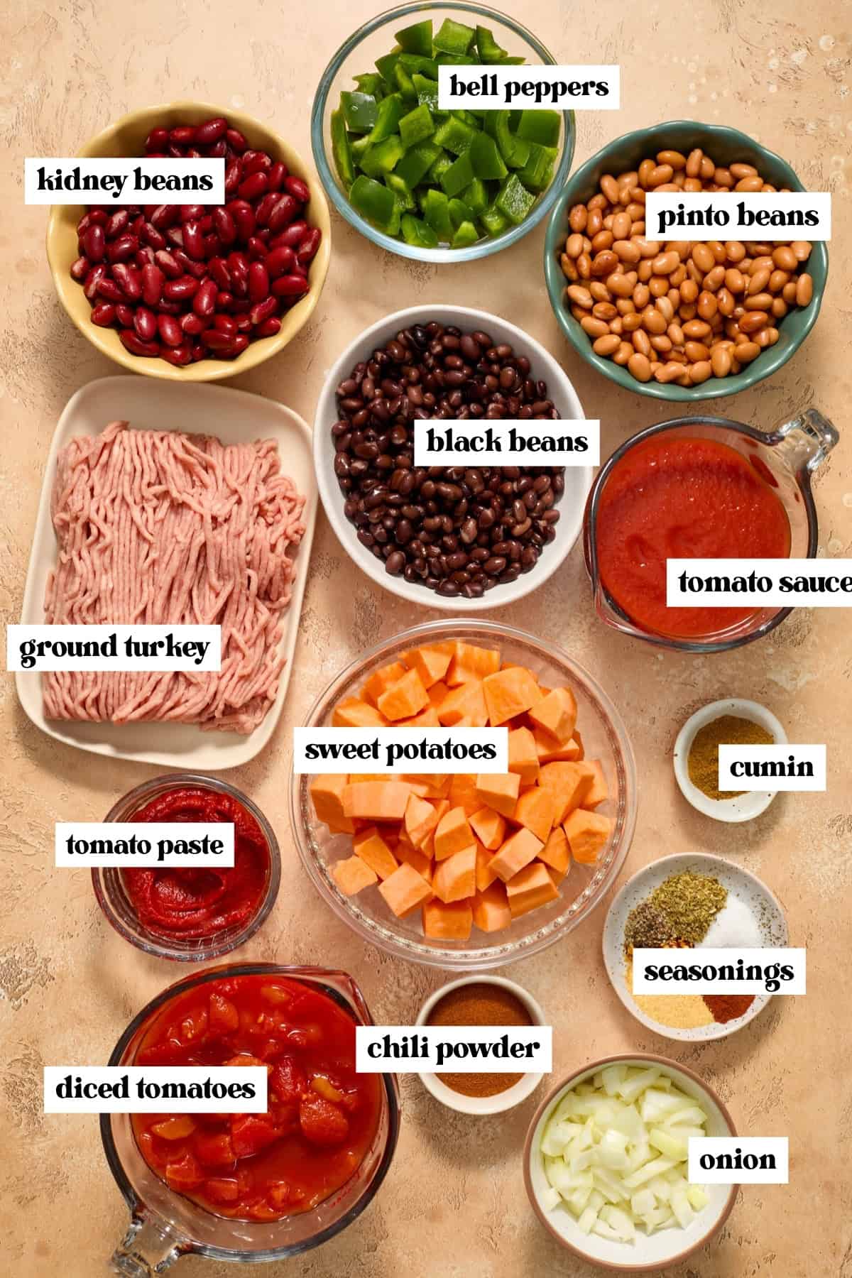 Sweet potatoes, peppers, beans, onions and other ingredients labeled on surface.