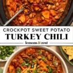 Crockpot with chili scooped up into ladle and then served in bowl with cheese on top.